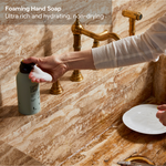 Guests on Earth Foaming Hand Soap in reusable bottle by sink for gentle, fresh handwashing