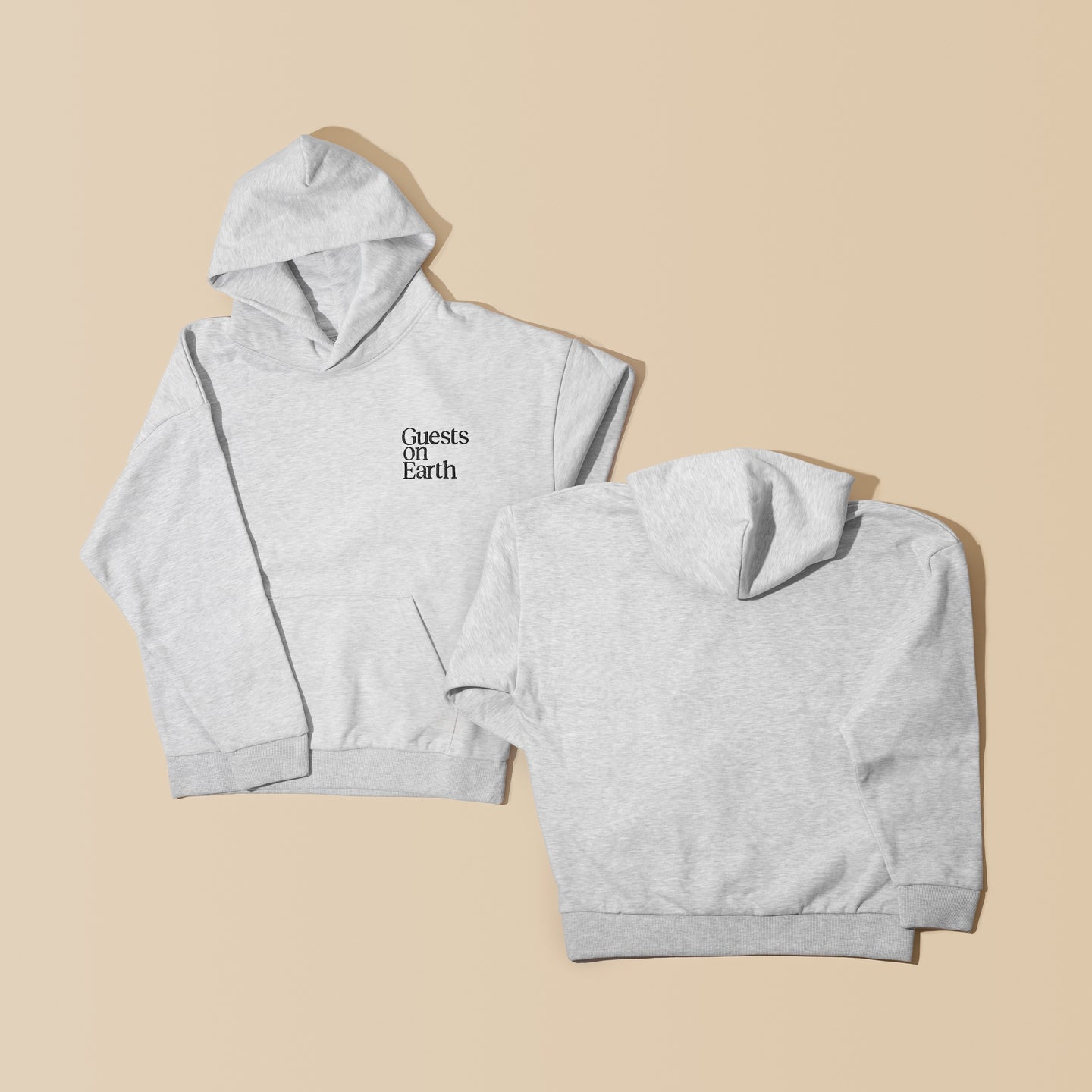 Guests on Earth Hoodie in heather grey, shown front and back with minimalist chest logo on a beige backdrop