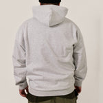 Guests on Earth Hoodie back view in heather grey, relaxed fit with hood up, clean unbranded back panel