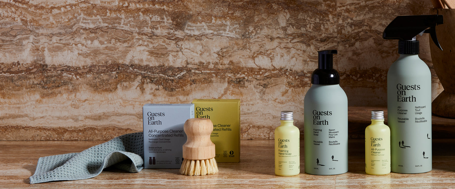 Contact Guests on Earth for refills and reusable cleaners, with bottles, concentrates, and brush set