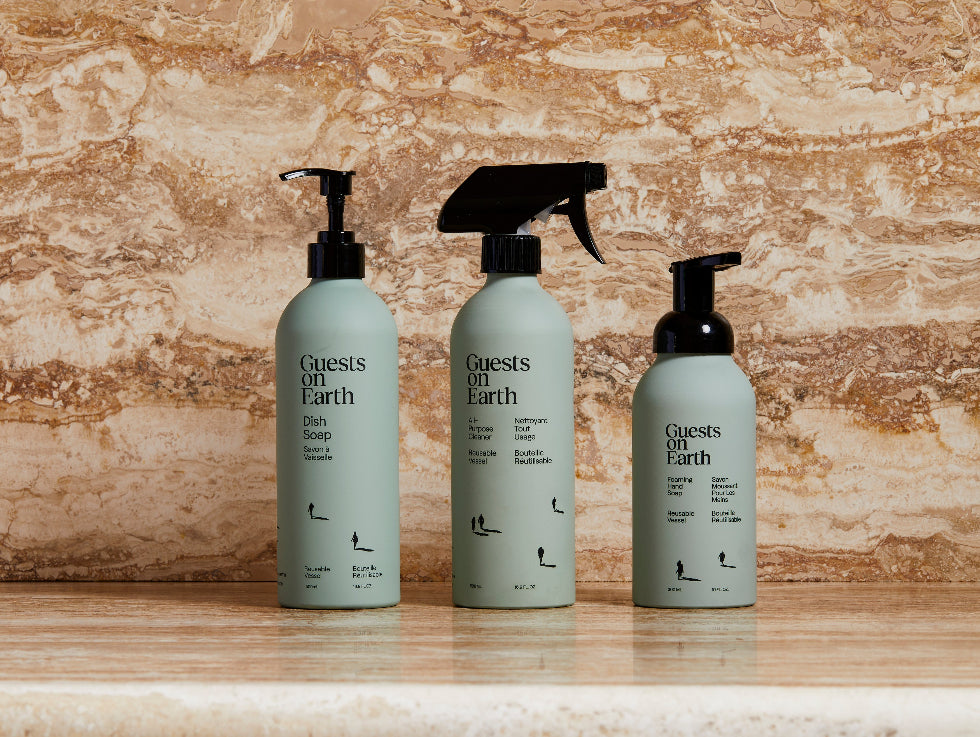 Guests on Earth bottles shown reusable vessels and vials are made from aluminum for low-waste cleaning